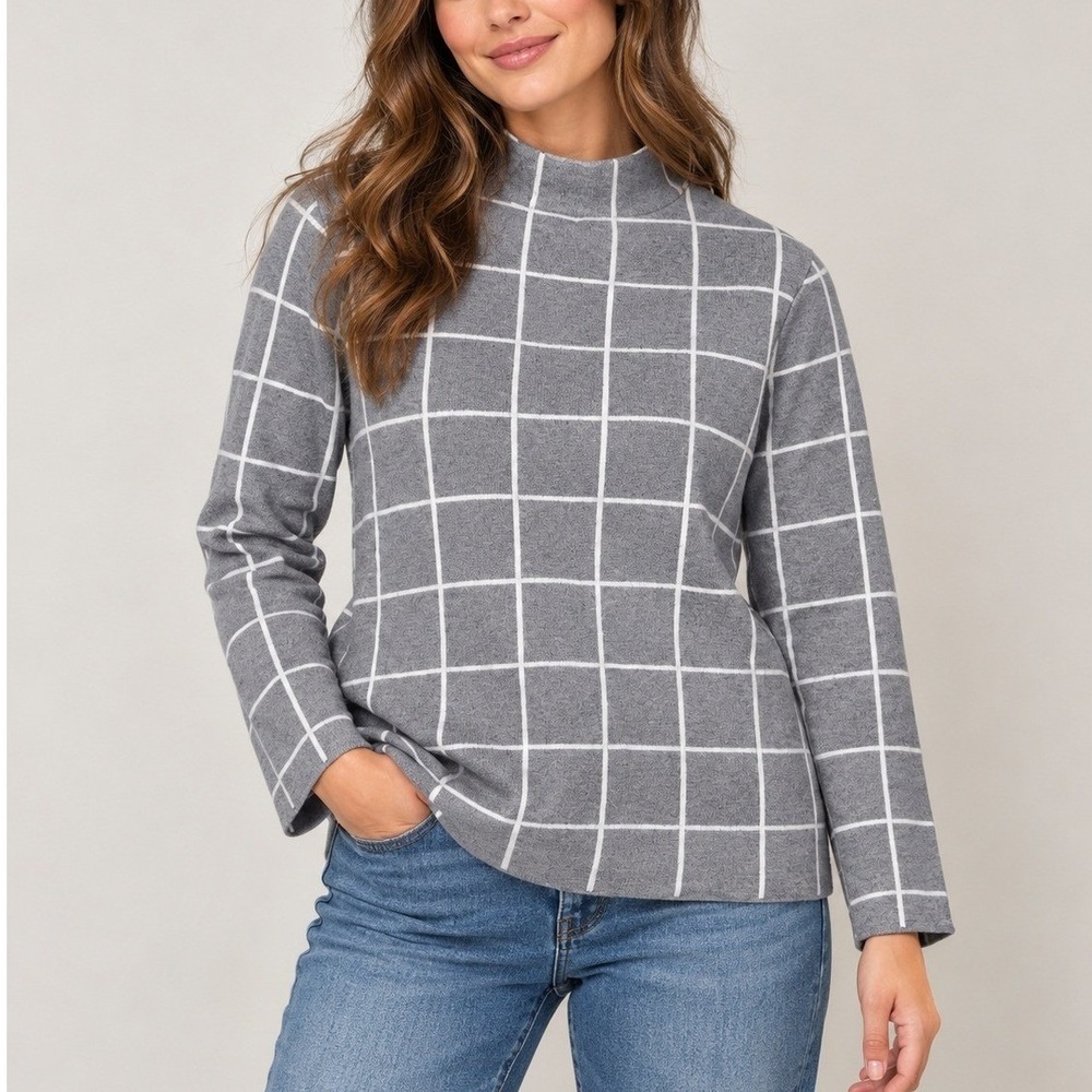 Anne Klein Gray White Windowpane Plaid Mock Neck Sweater Long Sleeve Medium Fall
